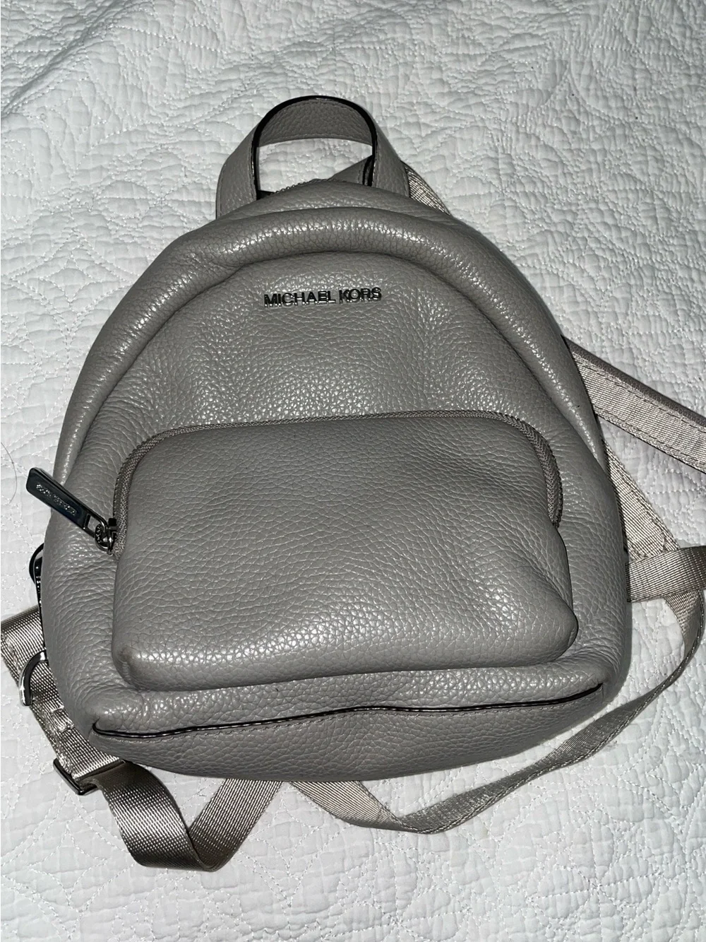 Michael Kors Gray Pebbled Leather Mini Backpack with Front Zip Pocket